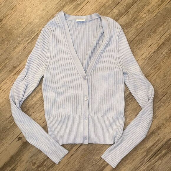 Abercrombie & Fitch Baby Blue Ribbed V neck cropped Slim Cardigan Sz S - Picture 1 of 5